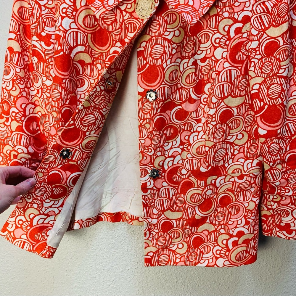 Vintage Anthracite orange white tan circle print LINEN blazer Woven buttons 6/S - Picture 13 of 16